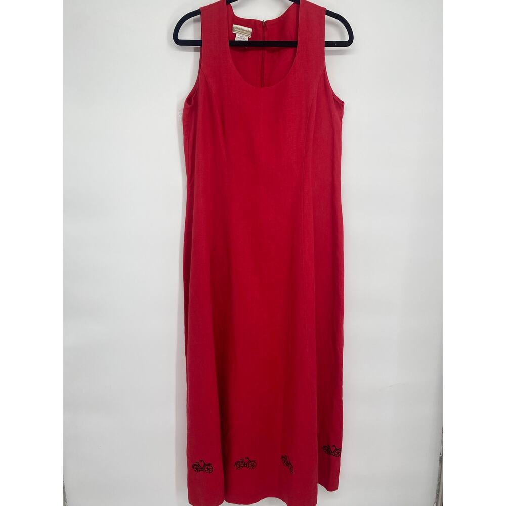 Coldwater Creek Dress Women’s‎ 14 Red Linen Bicycle Embroidered Whimsical